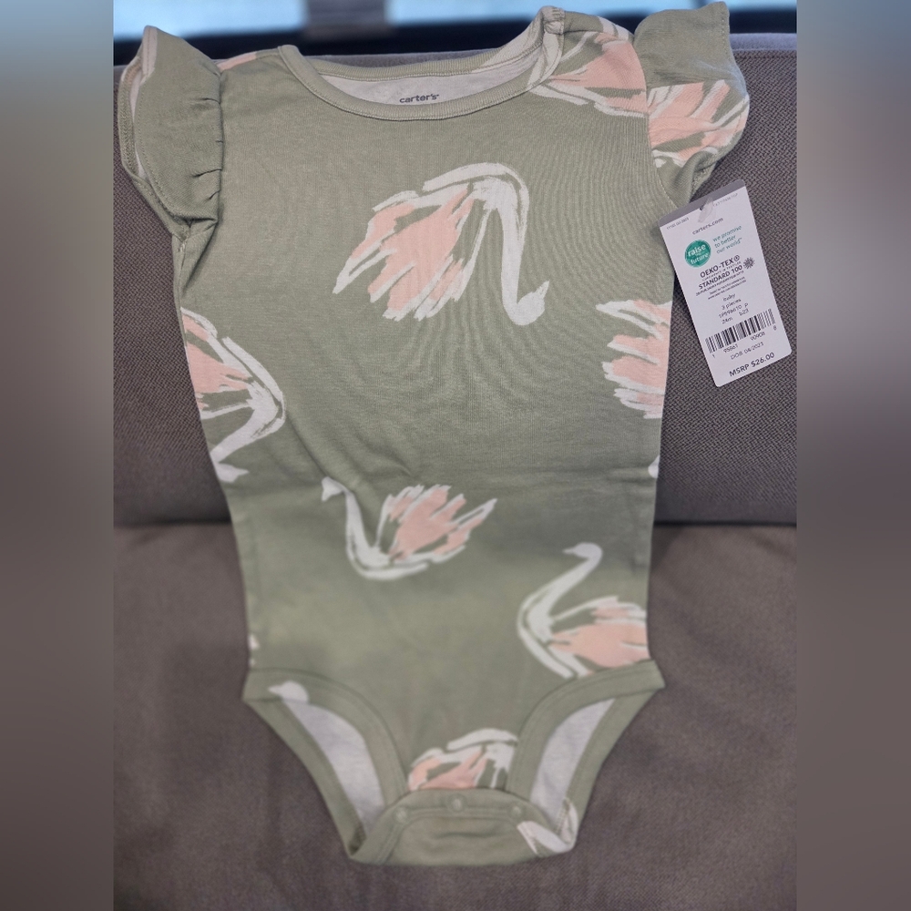 Olive Green Swan Print Kids One Piece